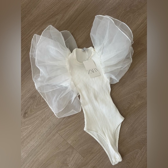 Zara tulle ruffled white ribbed bodysuit sleeveless top - Picture 11 of 11